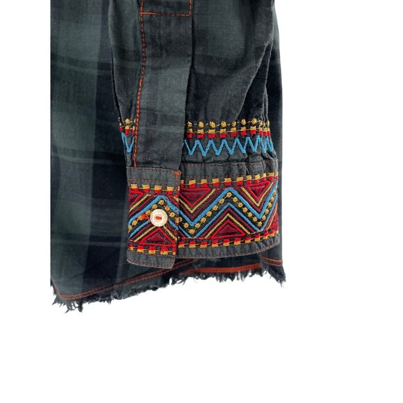 3J Workshop Johnny Was Plaid Shirt Embroidered Accents Fringe Hem Womens S - Picture 5 of 8